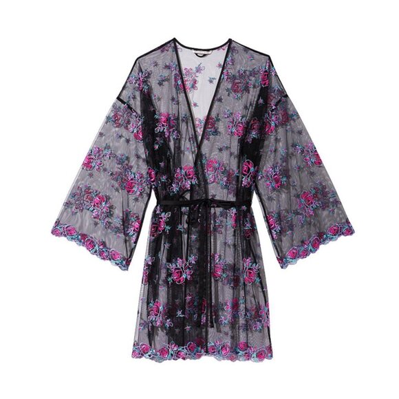 Victoria Secret's Illuminating Blooms Black Lace Trim Robe *missing belt - Picture 3 of 11